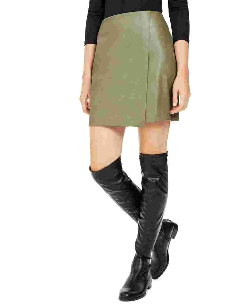 Bar III Women's Faux Leather Mini A Line Skirt Green Size XX-Small
