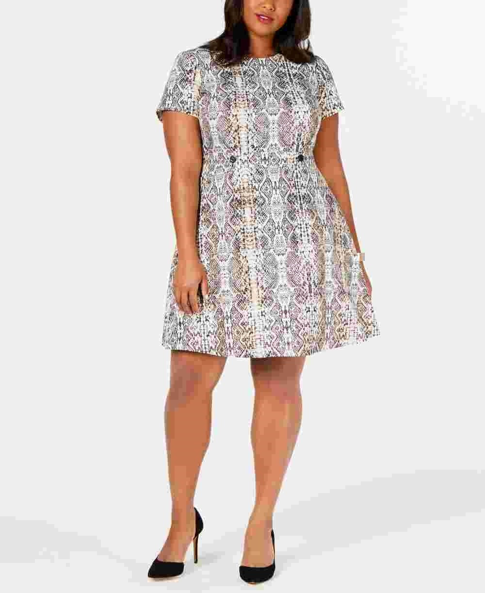 City Studios Women's Animal Print Short Sleeve Crew Neck Above The Knee Fit + Flare Dress Gray Size Small