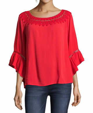 John Paul Richard Women's Crochet Trim Ruffle Sleeve Blouse Orange Size Small