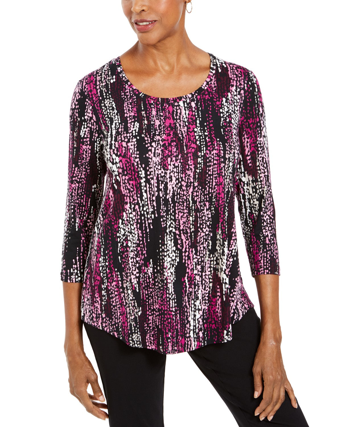 JM Collection Women's Printed Shirttail Hem Top Purple Multi  Size Petite S