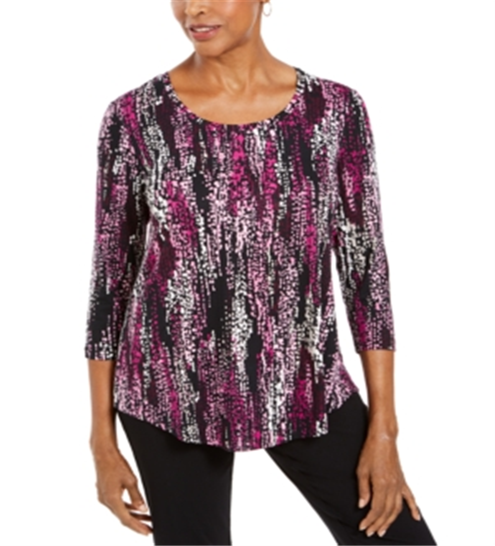 JM Collection Women's Printed Shirttail Hem Top Purple Multi  Size Petite S