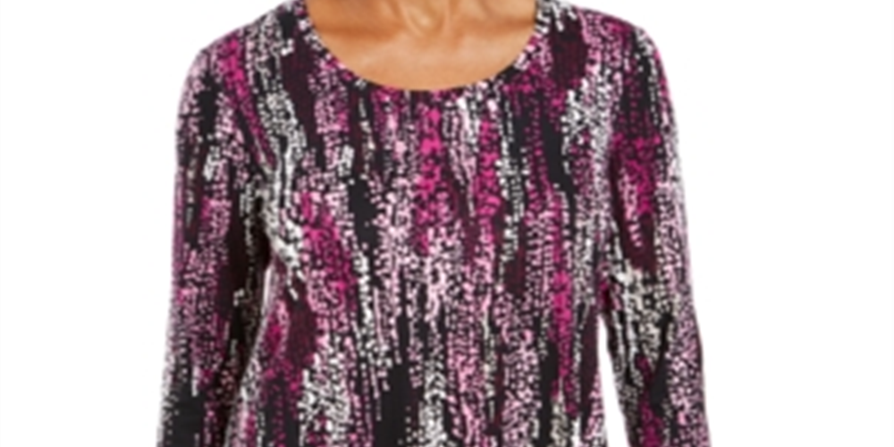JM Collection Women's Printed Shirttail Hem Top Purple Multi  Size Petite S