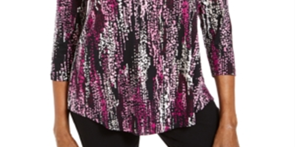 JM Collection Women's Printed Shirttail Hem Top Purple Multi  Size Petite S