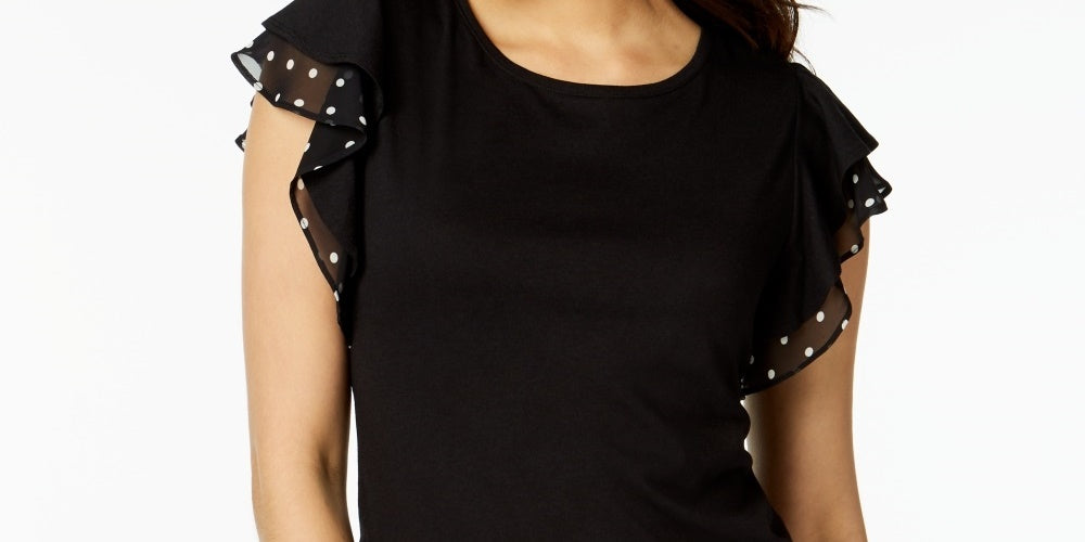 Maison Jules Women's Printed Trim Flutter Sleeve Top Black Size XX-Large