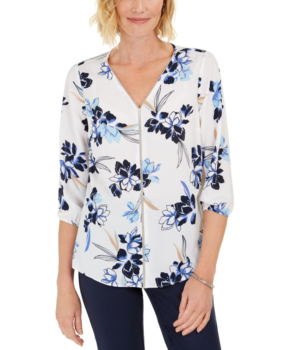 JM Collection Women's Embellished Y Neck Tunic White Size Medium