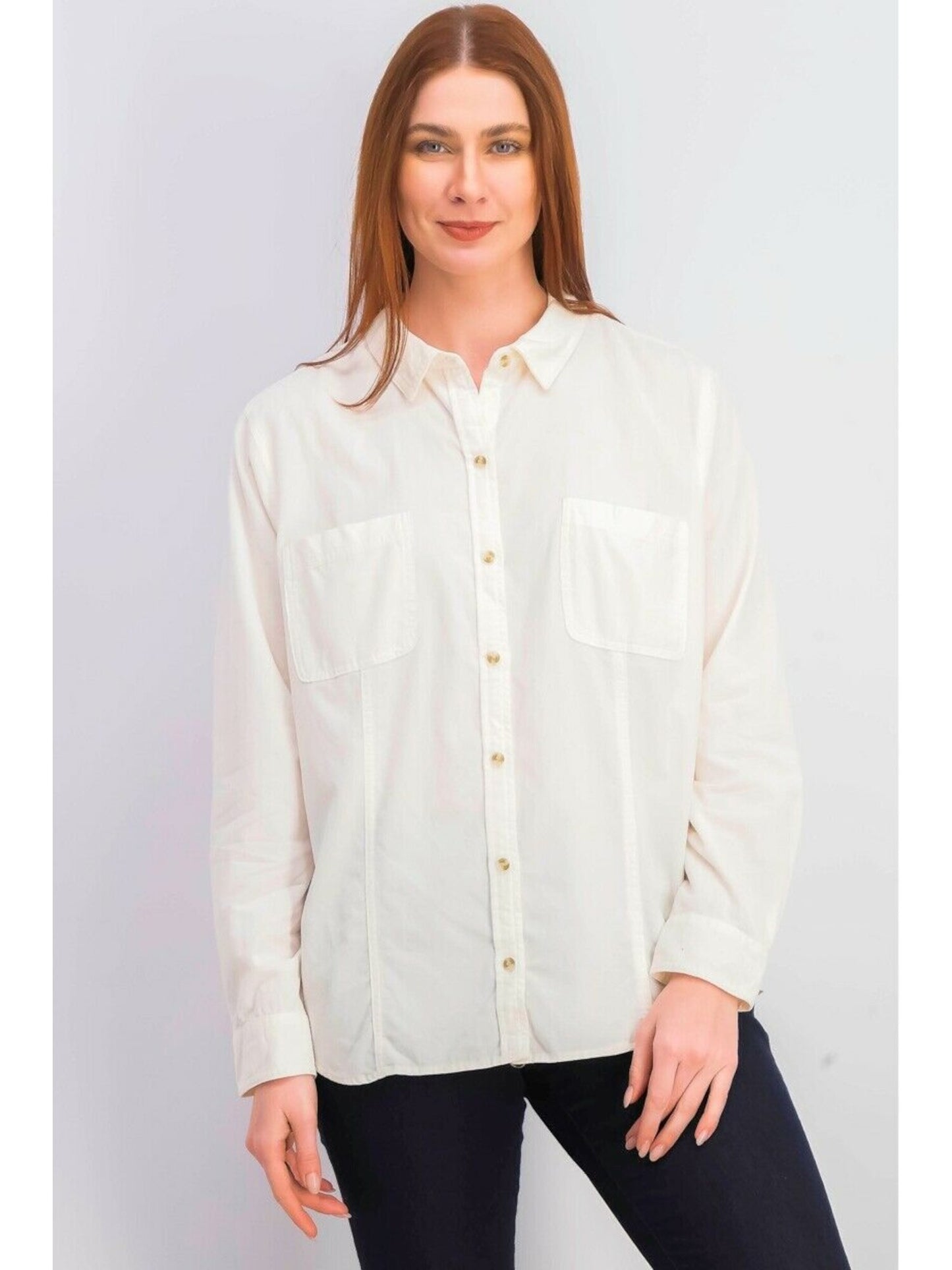 Charter Club Women's Cotton Blend Corduroy Long Sleeve Collared Button up Top White Size Petite Large