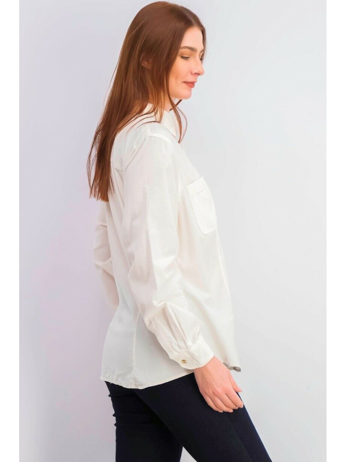 Charter Club Women's Cotton Blend Corduroy Long Sleeve Collared Button up Top White Size Petite Large