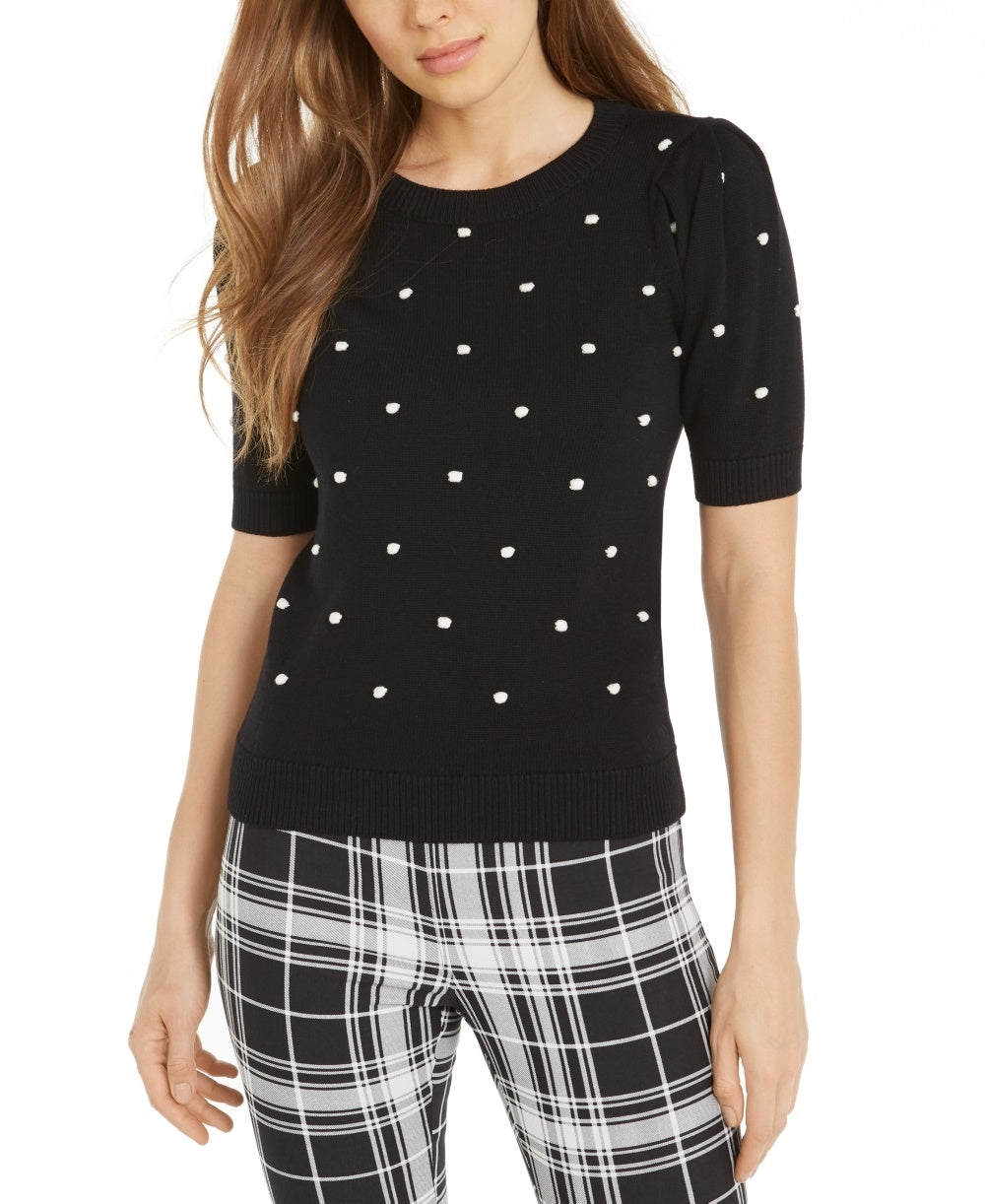 Maison Jules Women's Embroidered Polka Dot 3/4 Sleeve Jewel Neck Sweater Black Size Large