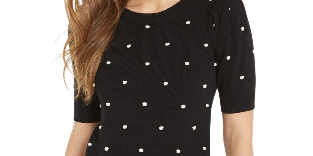 Maison Jules Women's Embroidered Polka Dot 3/4 Sleeve Jewel Neck Sweater Black Size Large