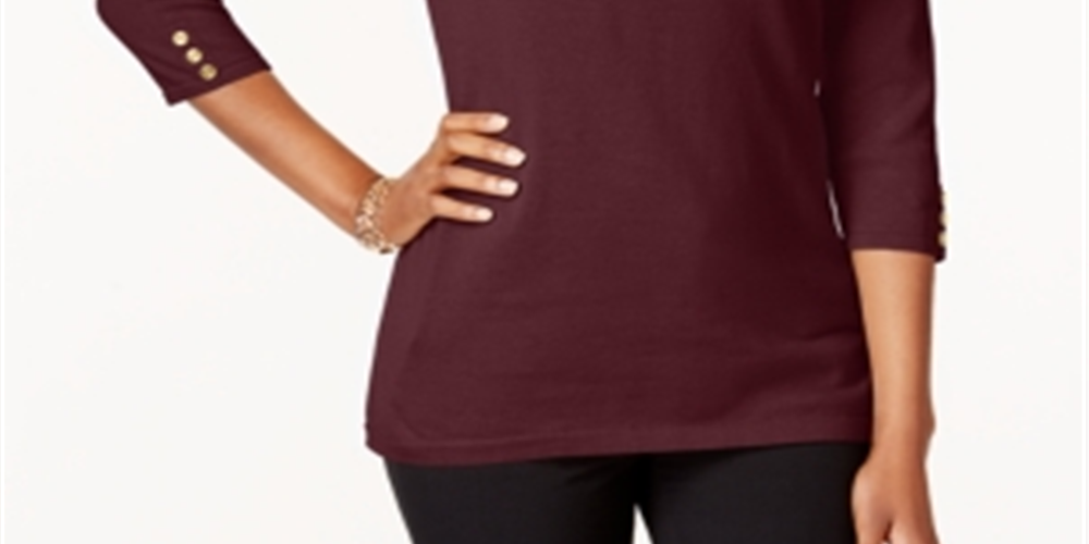 Karen Scott Women's Cotton Button-Trim Sweater Maroon Size Petite L