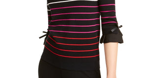 Maison Jules Women's Striped Bow Trim Sweater Black Size Small