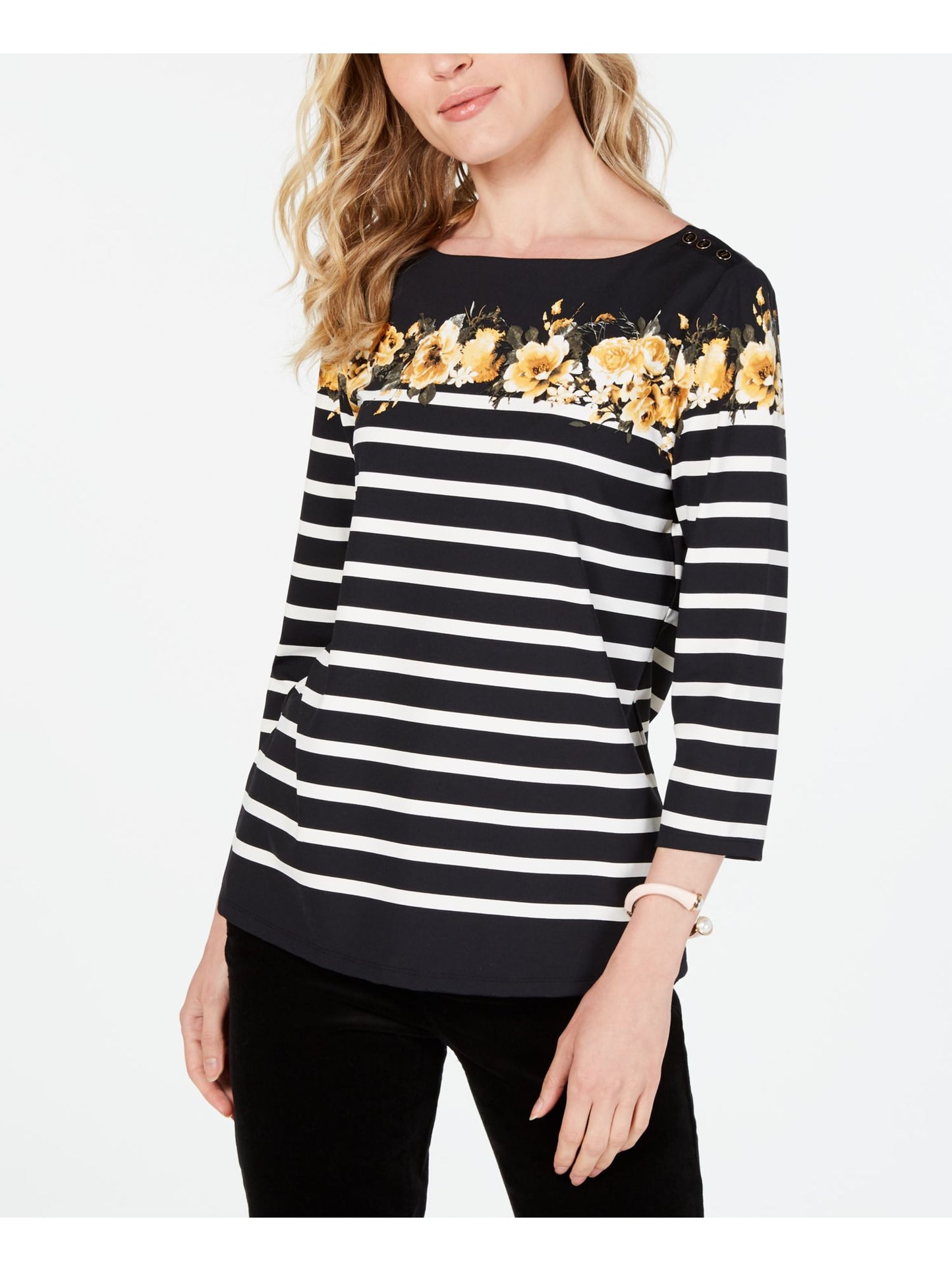 Charter Club Women's Stretch Button detail Floral 3/4 Sleeve Boat Neck Top Black Size Petite X-Large