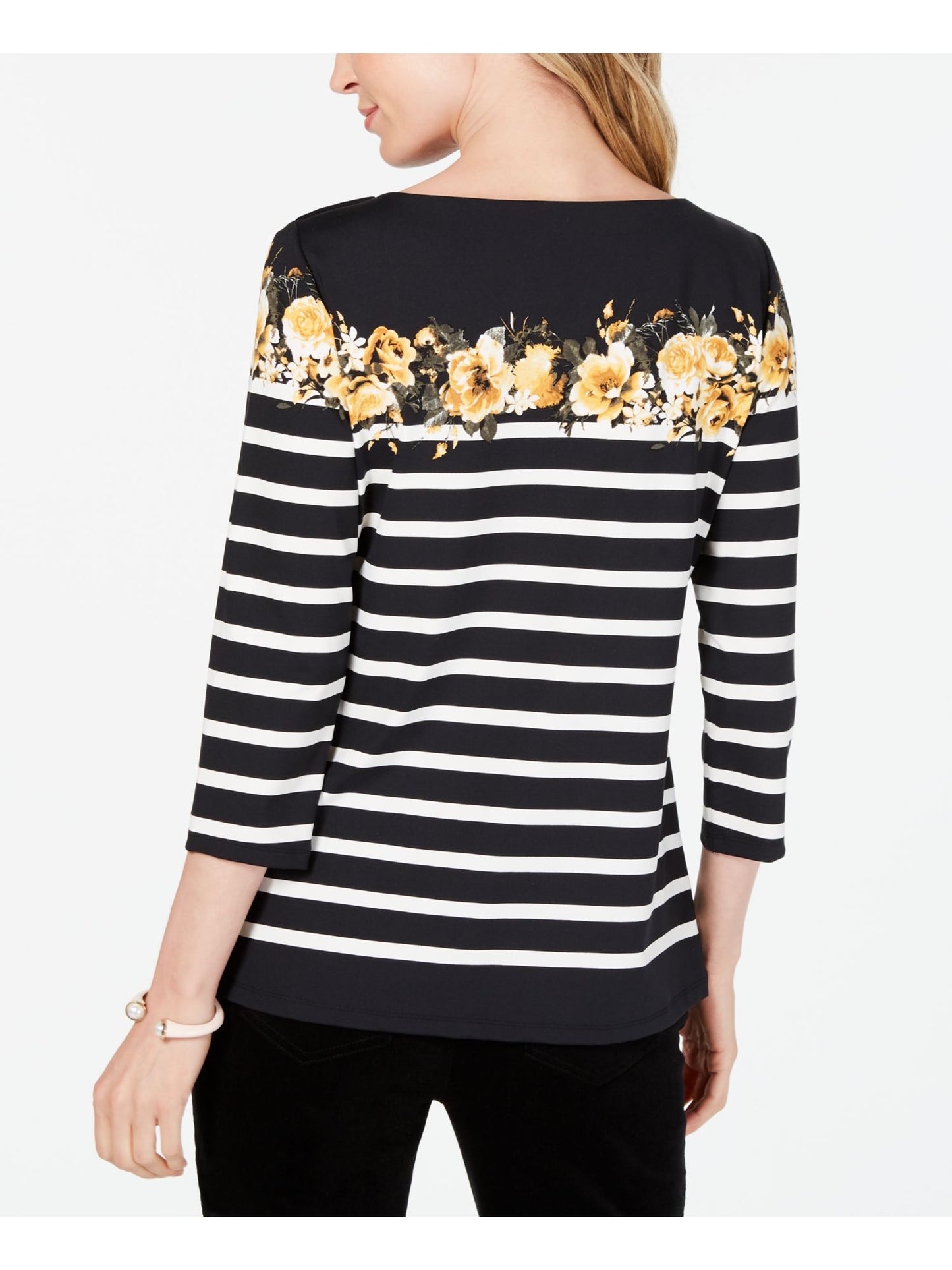 Charter Club Women's Stretch Button detail Floral 3/4 Sleeve Boat Neck Top Black Size Petite X-Large