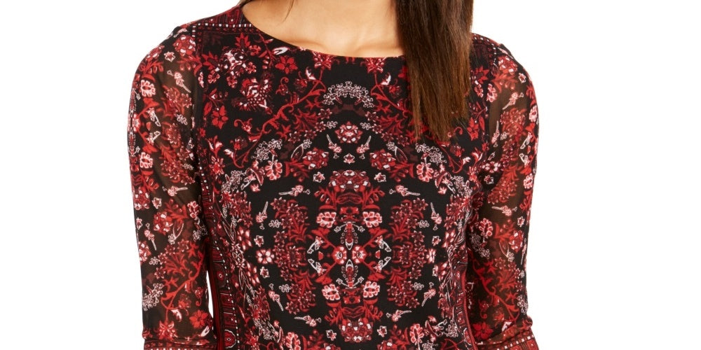 Charter Club Women's Printed Mesh Top Red Size Petite Small