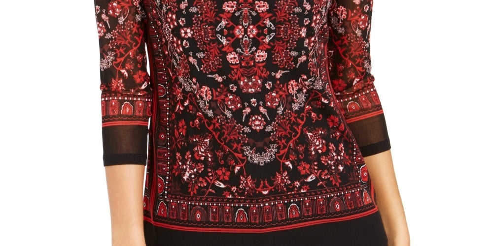 Charter Club Women's Printed Mesh Top Red Size Petite Small