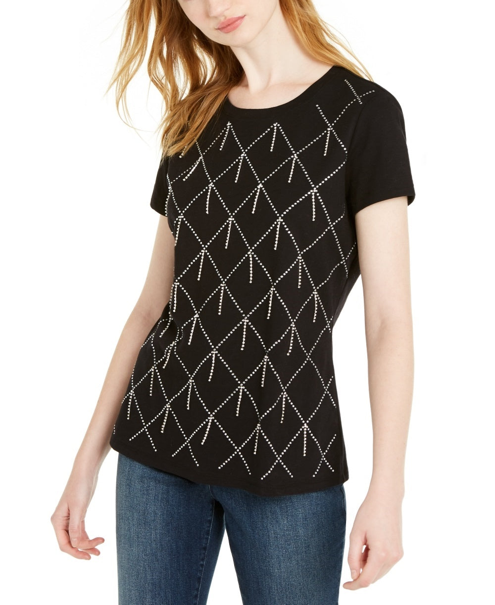 INC International Concepts Women's Cotton Raining Rhinestone Embellished T-Shirt Black Size X-Small