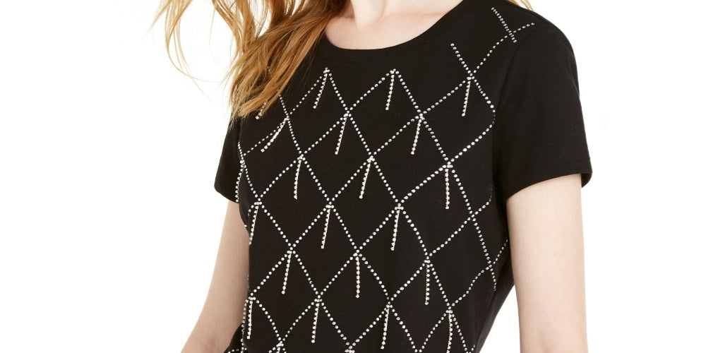INC International Concepts Women's Cotton Raining Rhinestone Embellished T-Shirt Black Size X-Small
