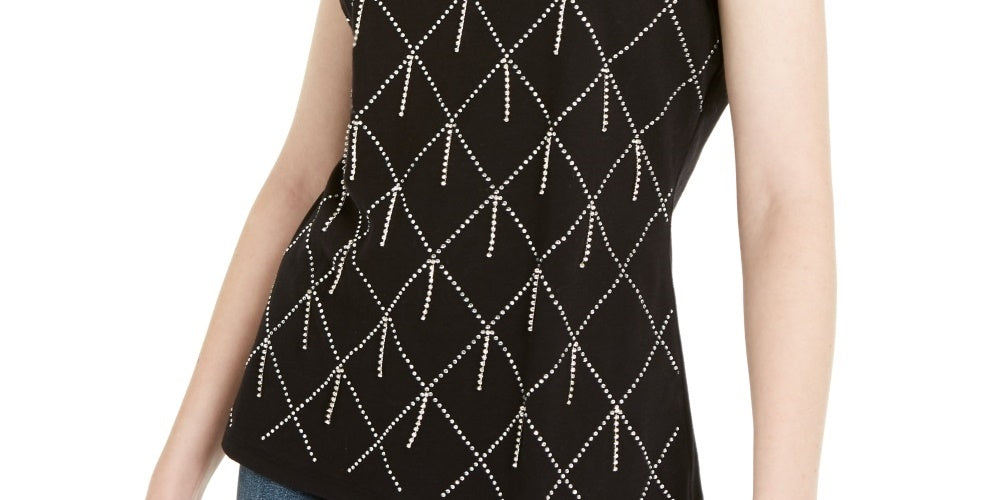 INC International Concepts Women's Cotton Raining Rhinestone Embellished T-Shirt Black Size X-Small
