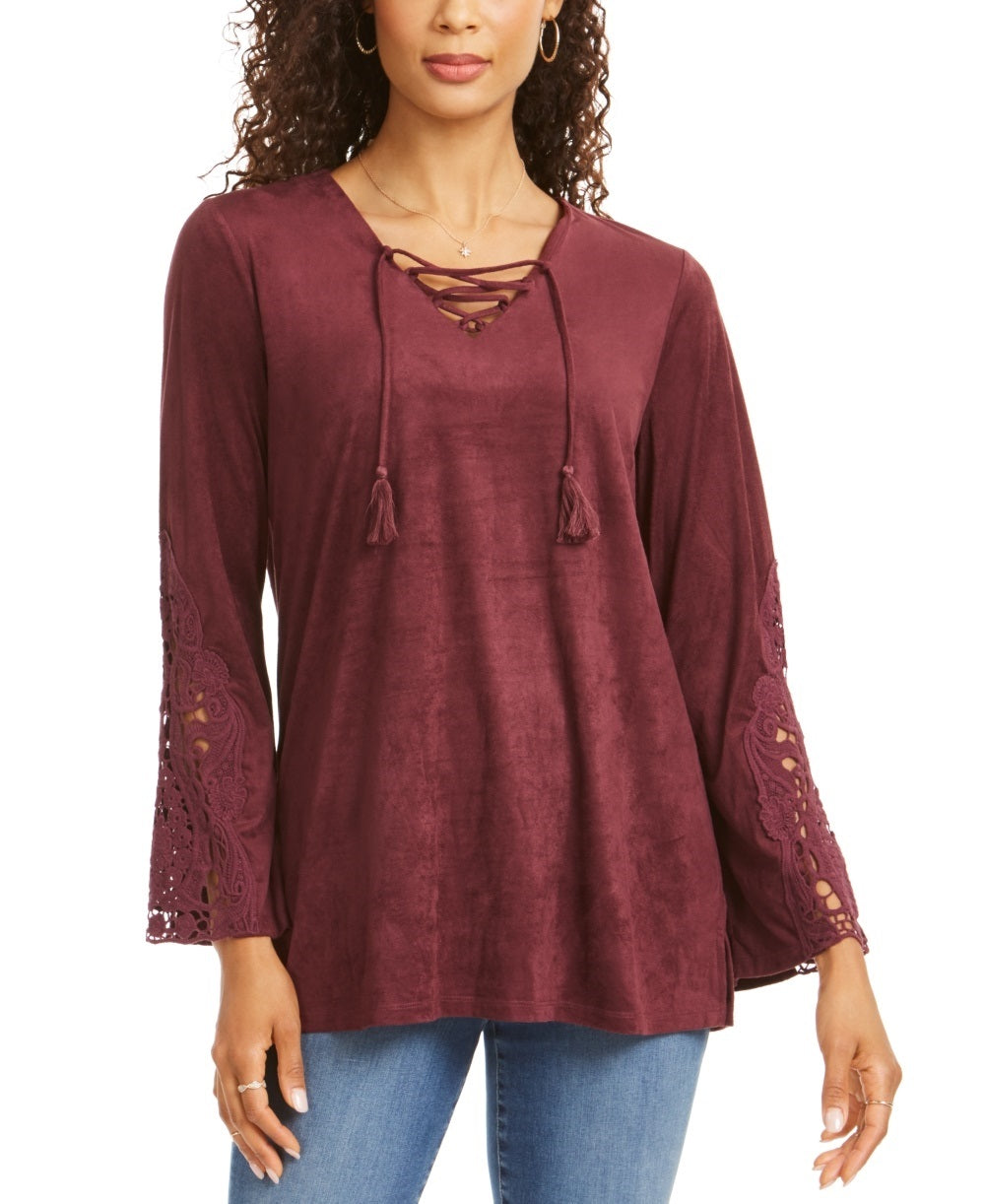 Style & Co Women's Faux-Suede Lace-Up Top Red Size X-Small