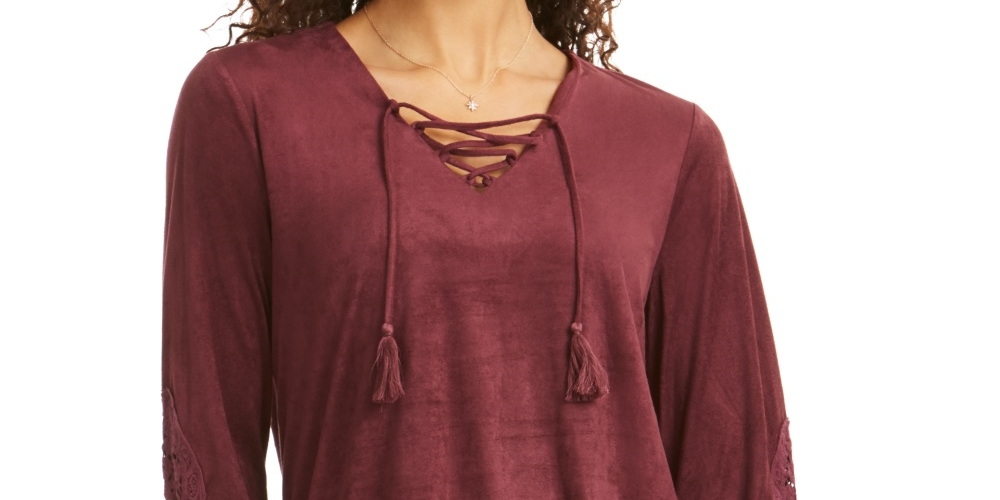 Style & Co Women's Faux-Suede Lace-Up Top Red Size X-Small