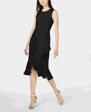 Calvin Klein Women's Sleeveless Ruffled Wrap-Hem Dress Black Size 14