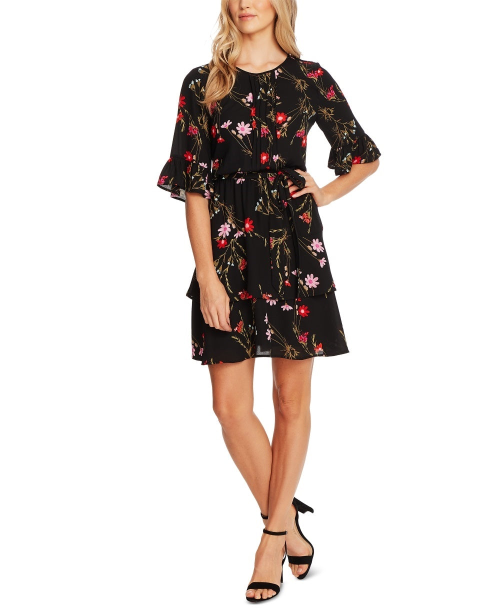 CeCe Women's Enchanted Wildflower Ruffle Fit & Flare Dress Black Size 6
