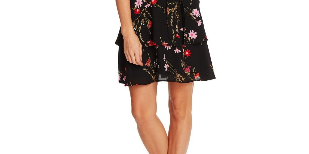 CeCe Women's Enchanted Wildflower Ruffle Fit & Flare Dress Black Size 6