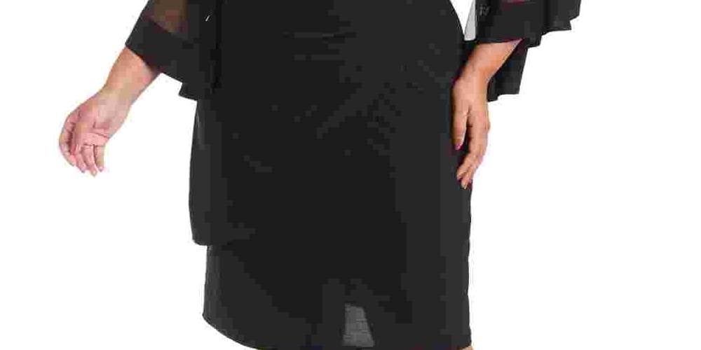 R & M Richards Women's Plus Size Illusion Bell-Sleeve Dress Black Size 16W