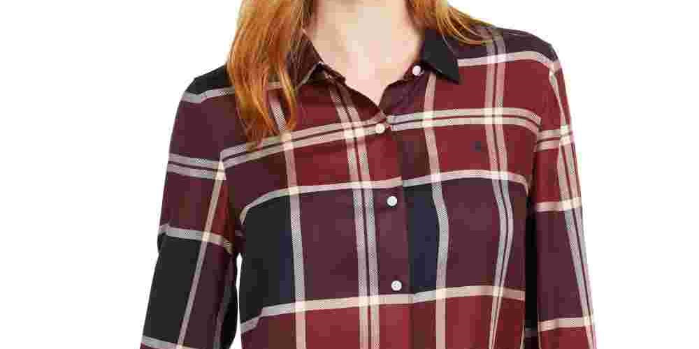 Tommy Hilfiger Women's Windowpane Plaid Roll-Tab Shirt Red Size Large