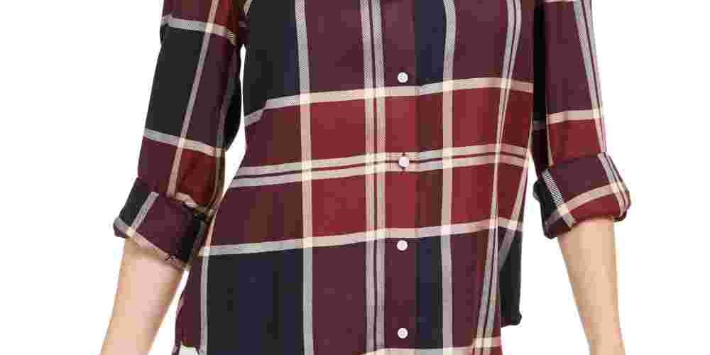 Tommy Hilfiger Women's Windowpane Plaid Roll-Tab Shirt Red Size Large