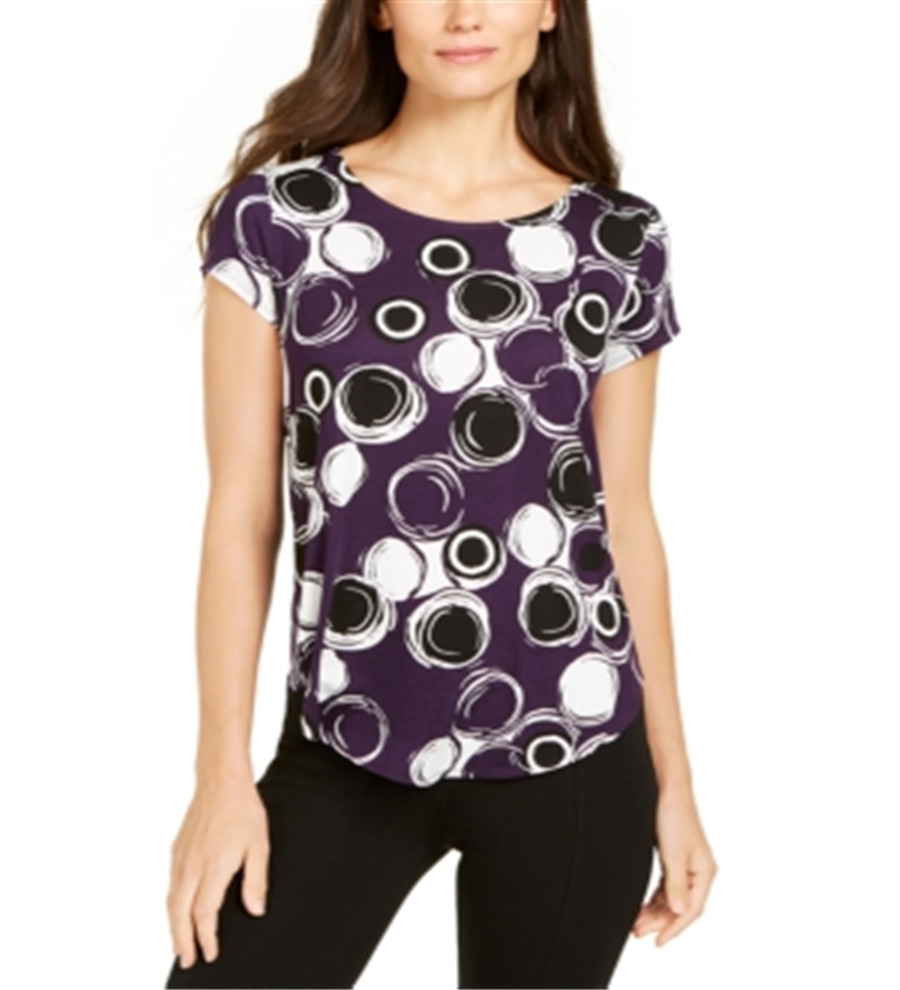 Alfani Women's Printed Round Hem T-Shirt Purple Multi  Size Petite L