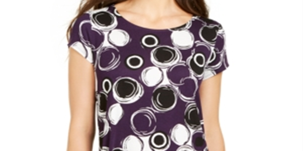 Alfani Women's Printed Round Hem T-Shirt Purple Multi  Size Petite L