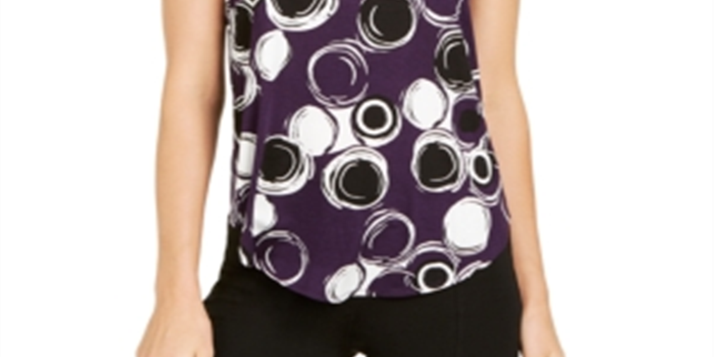 Alfani Women's Printed Round Hem T-Shirt Purple Multi  Size Petite L