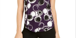 Alfani Women's Printed Round Hem T-Shirt Purple Multi  Size Petite L