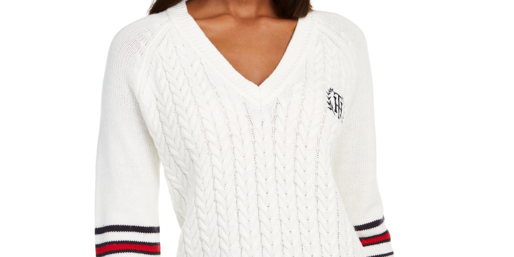 Tommy Hilfiger Women's Varsity Stripe Cable-Knit Sweater White Size Medium