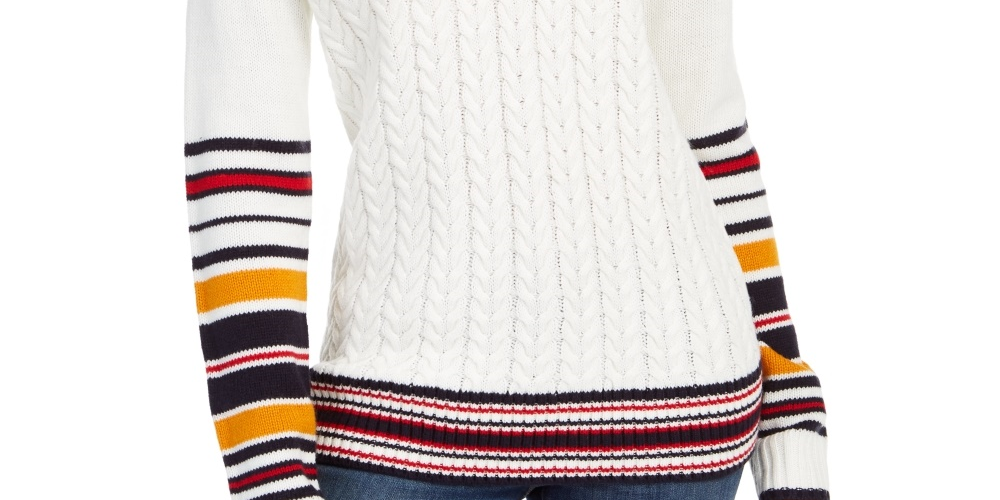 Tommy Hilfiger Women's Varsity Stripe Cable-Knit Sweater White Size Medium