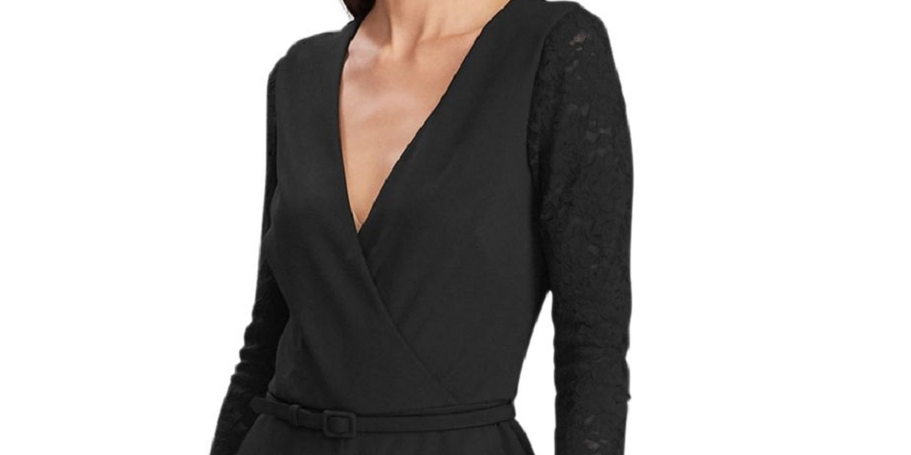 Ralph Lauren Women's Belted Long Sleeve V Neck Jumpsuit Black Size 12