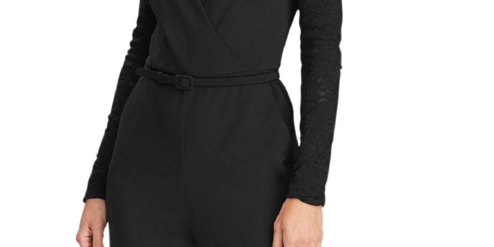 Ralph Lauren Women's Belted Long Sleeve V Neck Jumpsuit Black Size 12