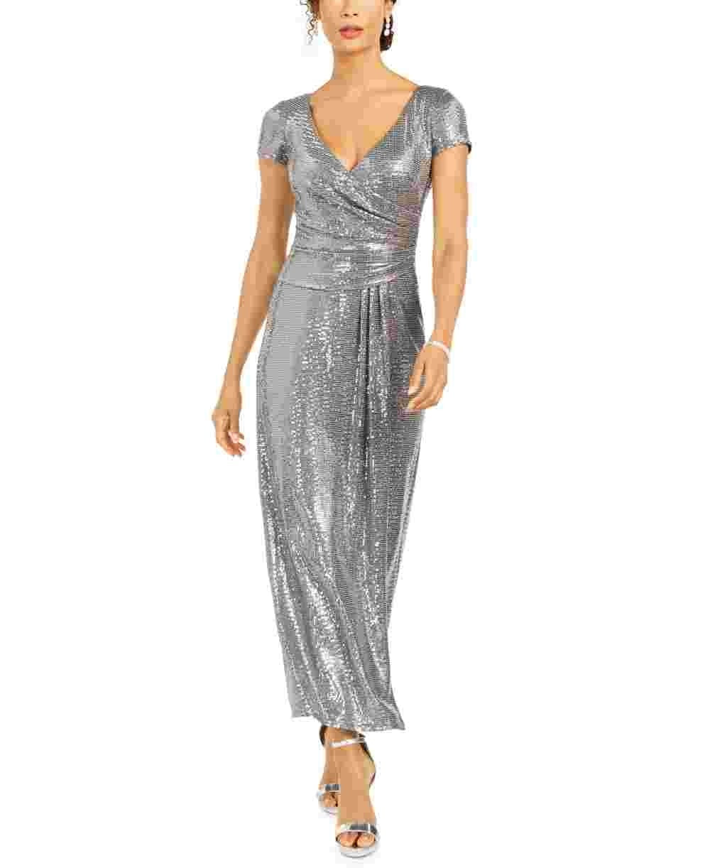 R & M Richards Women's Sequined Draped Sheath Dress Silver Size 10 Petite