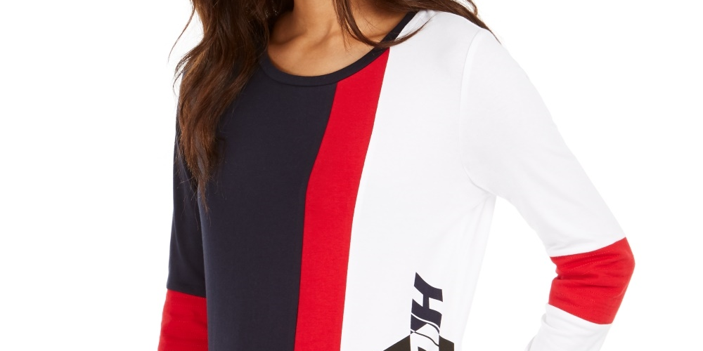 Tommy Hilfiger Women's Colorblocked Logo-Print T-Shirt Blue Size Large