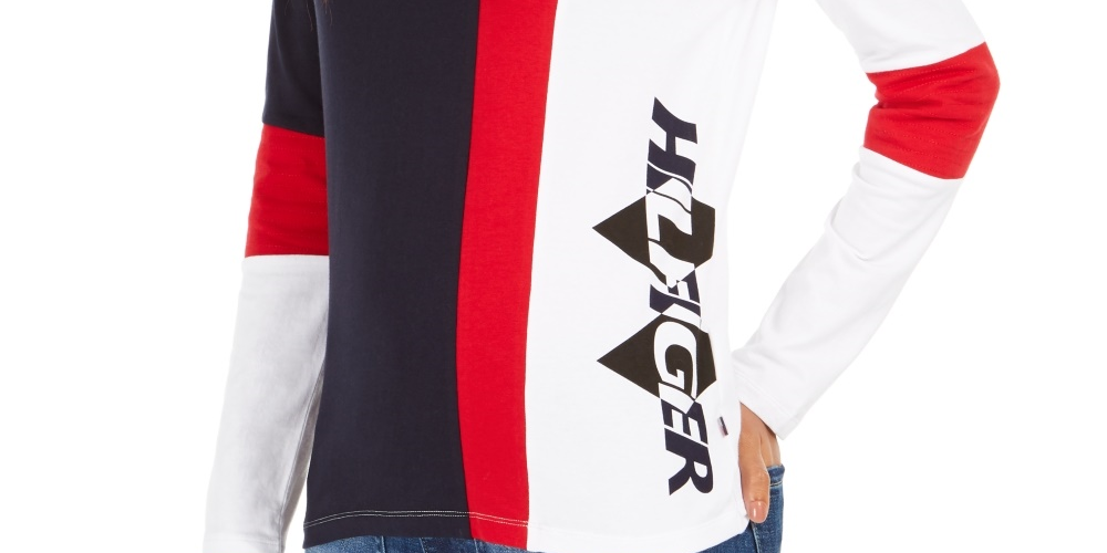 Tommy Hilfiger Women's Colorblocked Logo-Print T-Shirt Blue Size Large