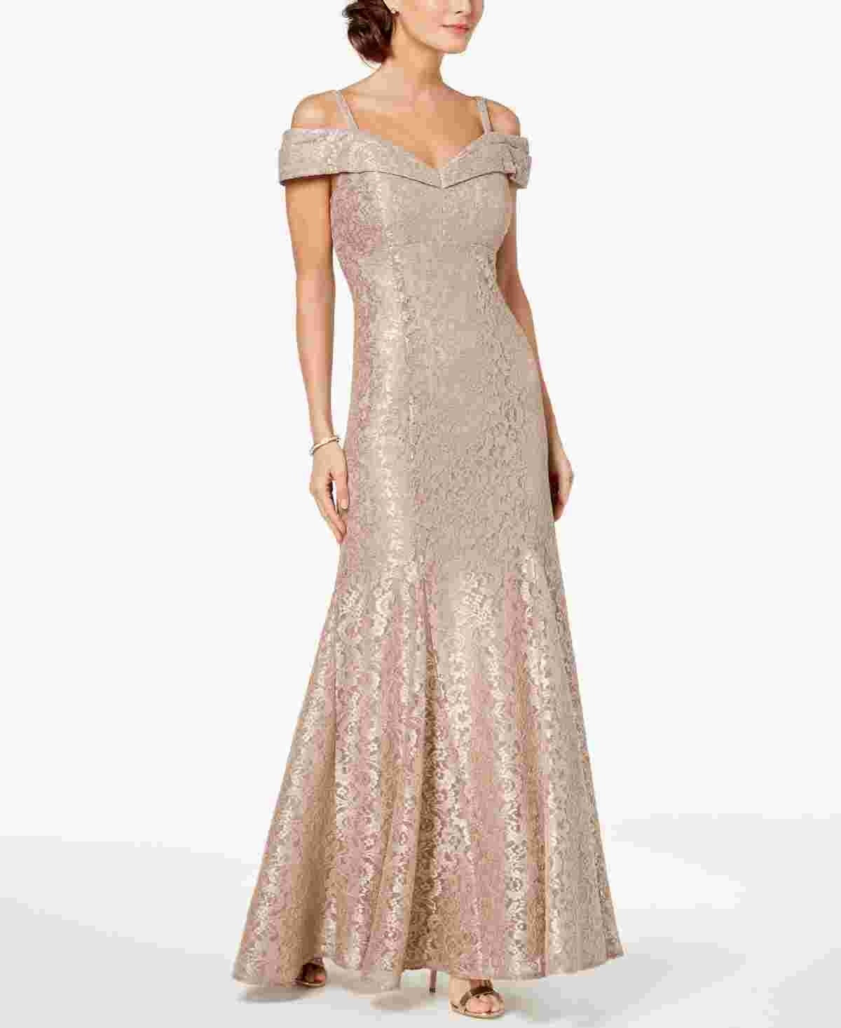 R & M Richards Women's Off-The-Shoulder  Lace Gown Beige Size 8 Petite