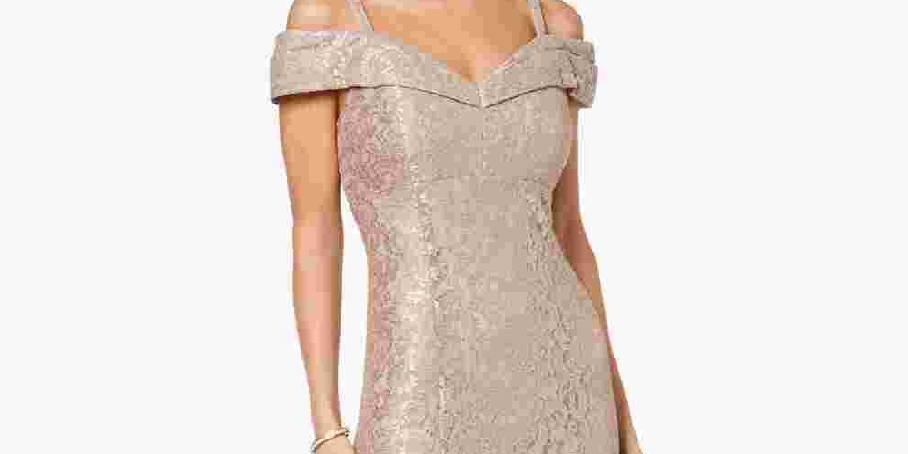 R & M Richards Women's Off-The-Shoulder  Lace Gown Beige Size 8 Petite