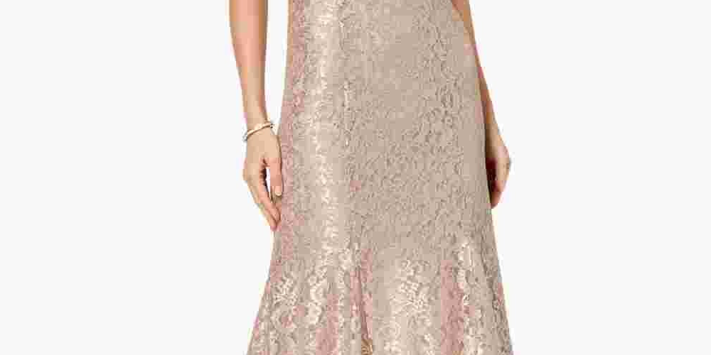 R & M Richards Women's Off-The-Shoulder  Lace Gown Beige Size 8 Petite