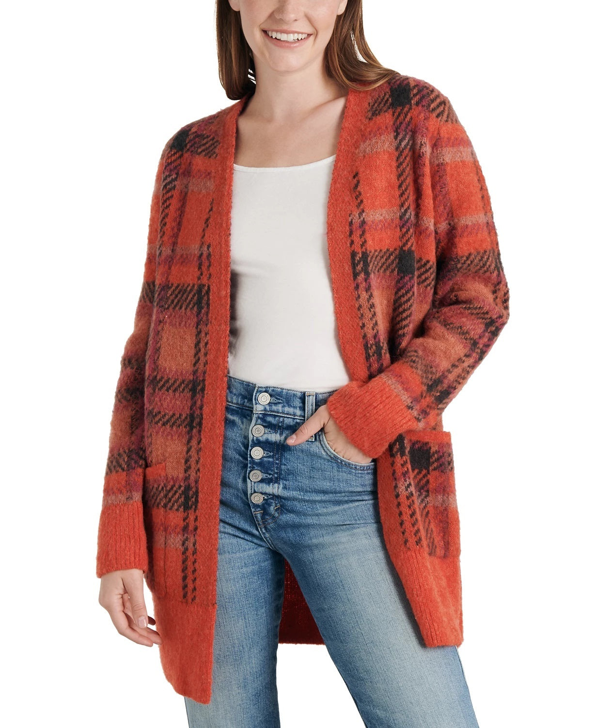 Lucky Brand Women's Plaid Open Front Cardigan Sweater Medium Red Size Medium