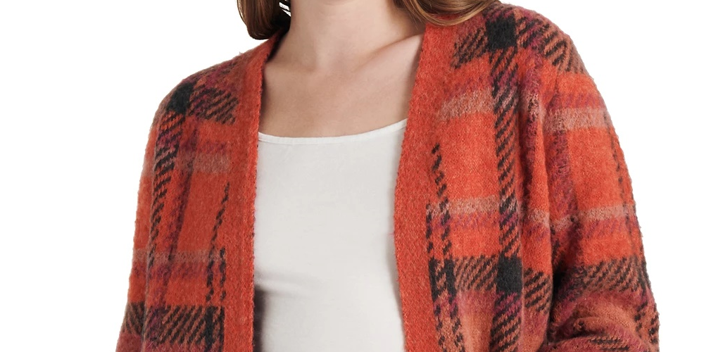 Lucky Brand Women's Plaid Open Front Cardigan Sweater Medium Red Size Medium