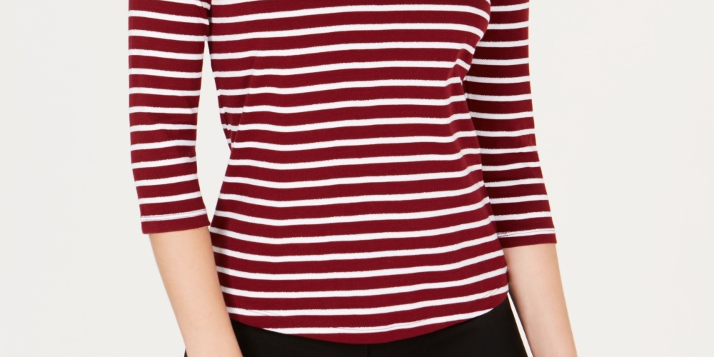 Charter Club Women's Pima Cotton Button-Shoulder Print Top Red Size Petite Small