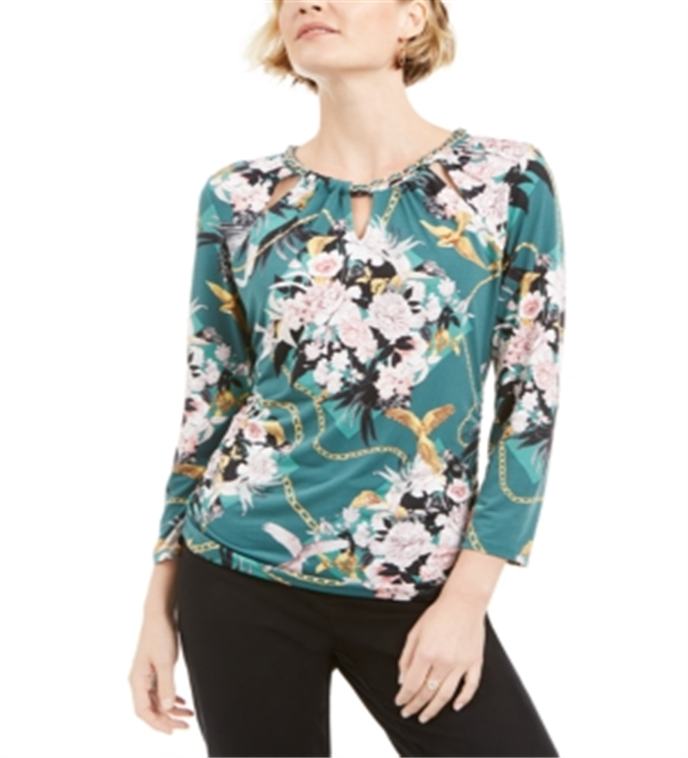 JM Collection Women's Printed Chain Neck Top Green  Floral Size Petite L