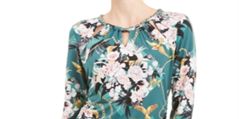 JM Collection Women's Printed Chain Neck Top Green  Floral Size Petite L