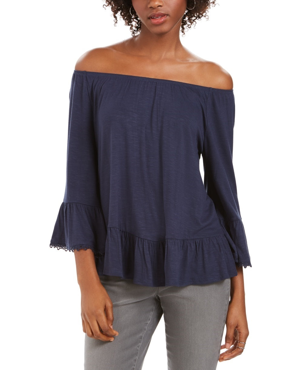 Style & Co Women's Off-The-Shoulder Bell-Sleeve Top Blue Size X-Small